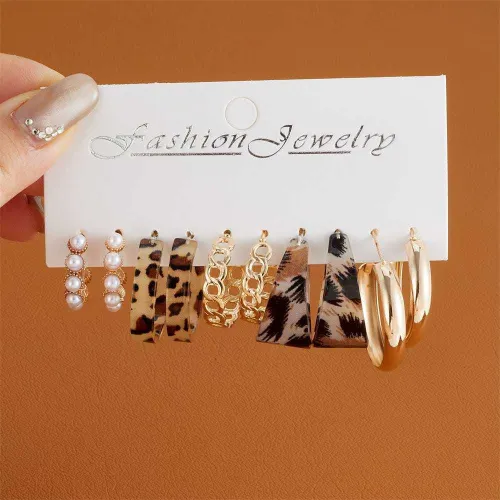 Trendy Pearl Leopard Circle Earring Set (5 pairs)